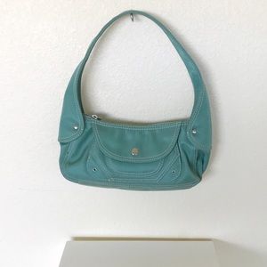 BCBG: light teal canvas shoulder bag